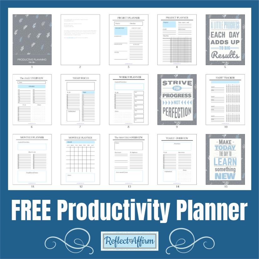 The Reflect Affirm Productivity Planner PDF is a free printable that helps you plan your day, week, and month.